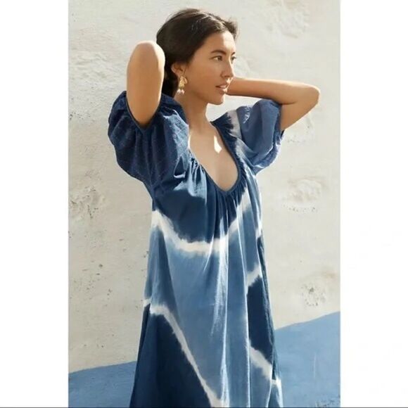NEW Anthropologie Sundry Blue Embroidered Puff Sleeve Tie-Dye Midi Dress X-Small - Picture 5 of 11